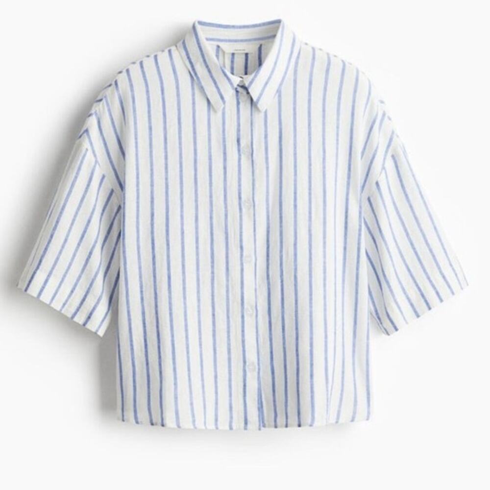 H&M Linen Blend Shirt top size medium blue white stripe NWT - Picture 3 of 12
